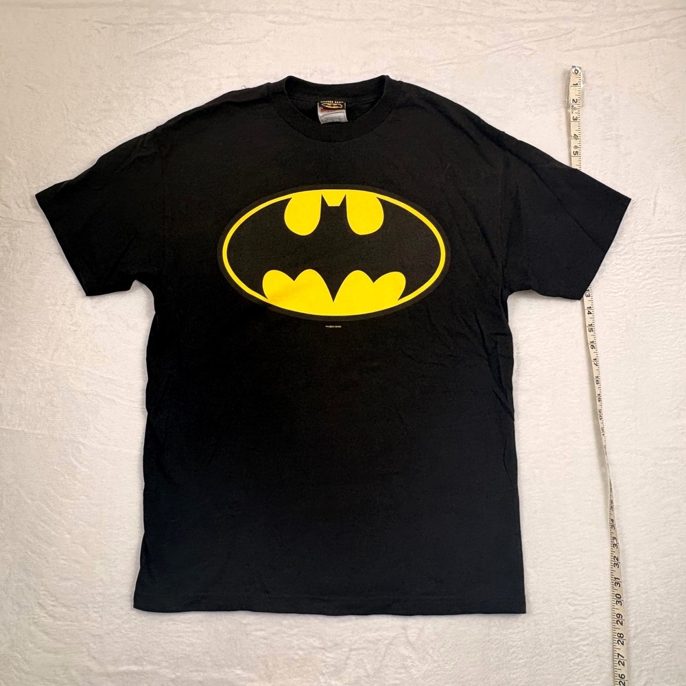 Vintage 2001 Batman Warner Bros Graphic T-Shirt Black Yellow Logo Mens Large L